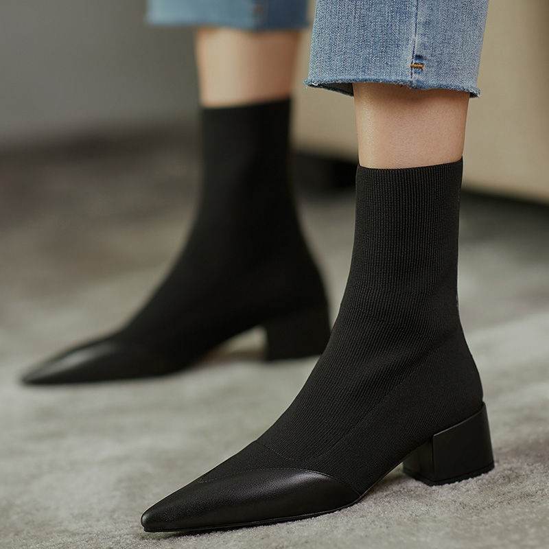 Women's Fashion Woolen Yarn Boots Pointed Chunky Heel Short Boots - MYLUXURY LANE ENTERPRISE