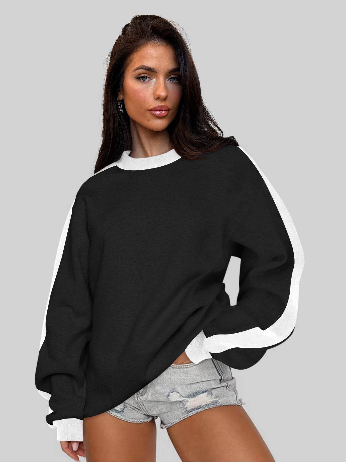 Women's Contrast Color Round Neck Loose Sweater Long-sleeved Top - MYLUXURY LANE ENTERPRISE