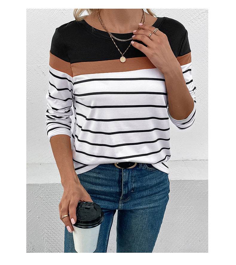 Leisure Top Pullover Patchwork Round Neck Long-sleeved Striped T-shirt - MYLUXURY LANE ENTERPRISE