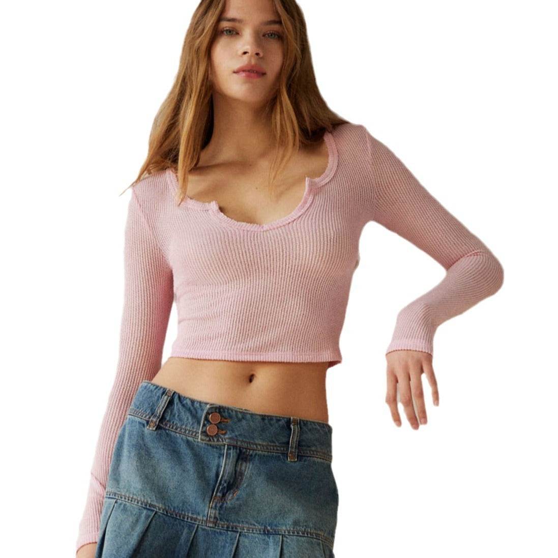 Women's Solid Color Ribbed Slim T-shirt V-neck - MYLUXURY LANE ENTERPRISE