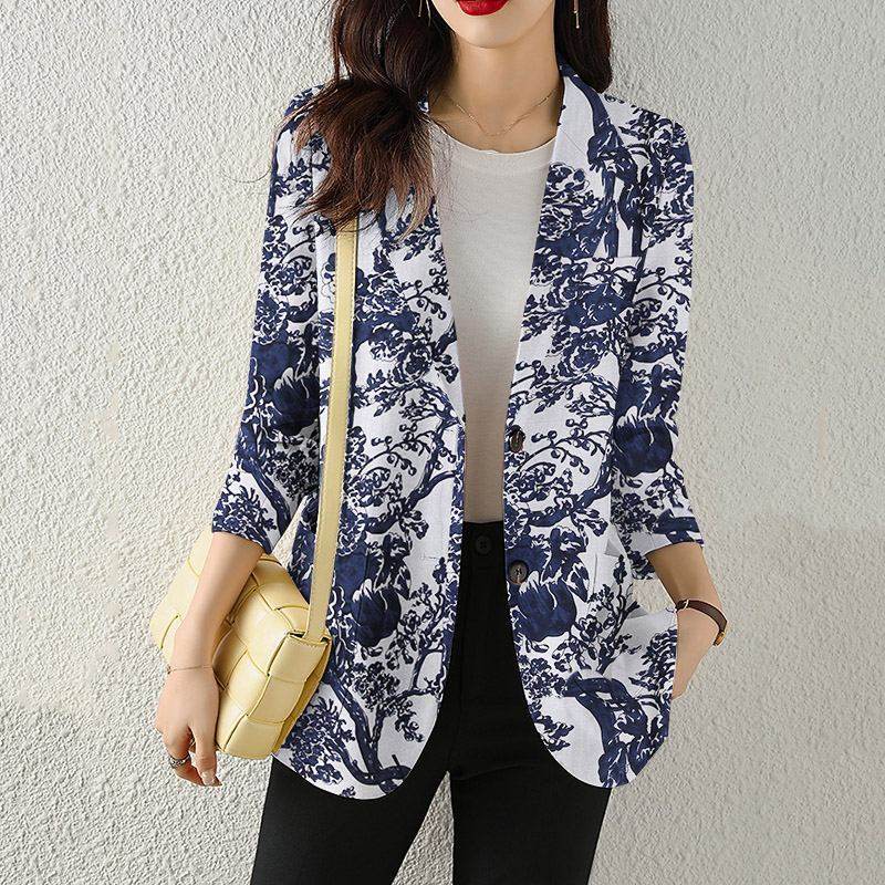 Women's Button Printed Long-sleeved Pocket Vintage Cotton And Linen Blazer - MYLUXURY LANE ENTERPRISE