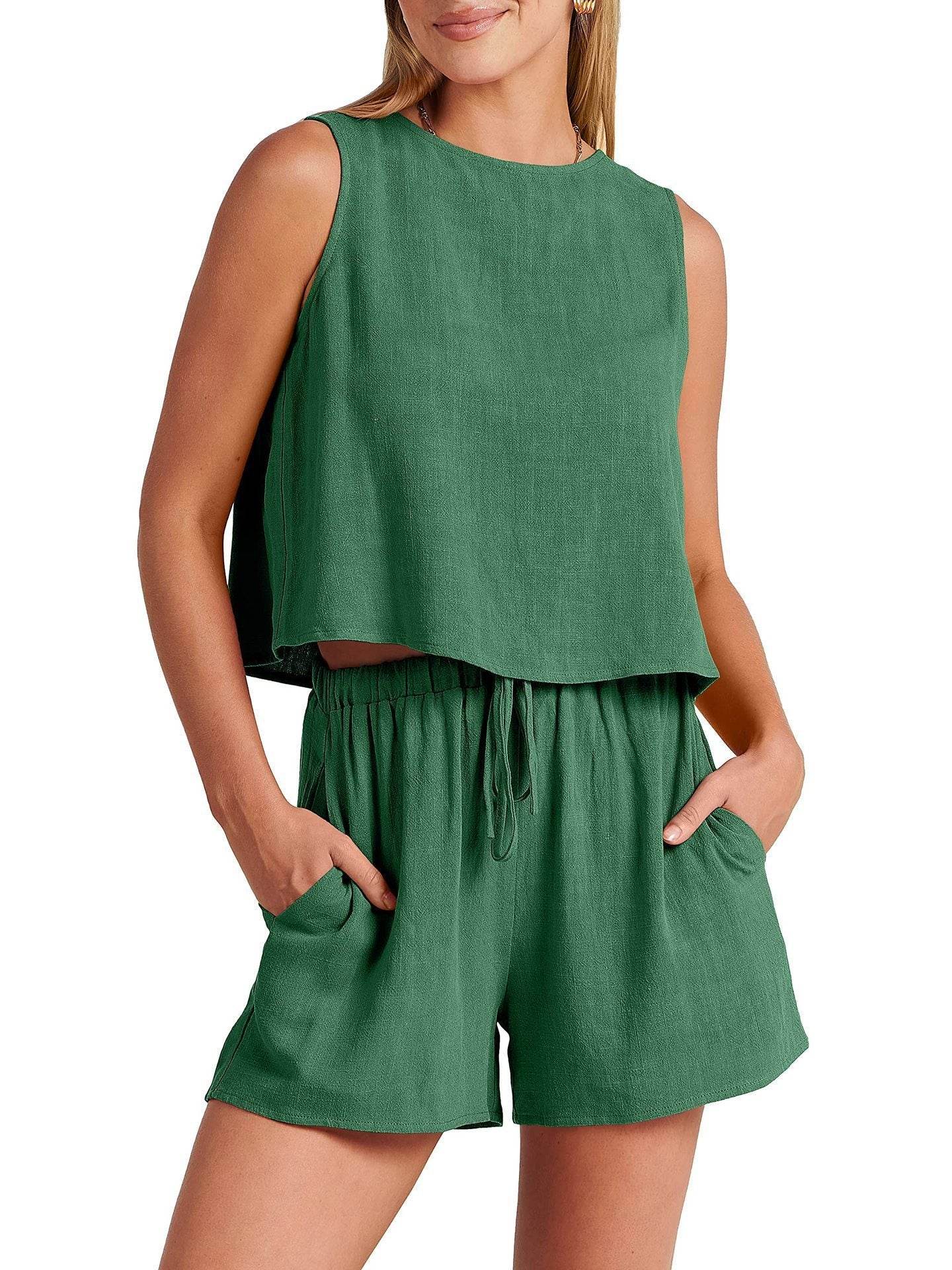 Women's Casual Sleeveless Loose Cotton Linen Shorts Two-piece Suit - MYLUXURY LANE ENTERPRISE