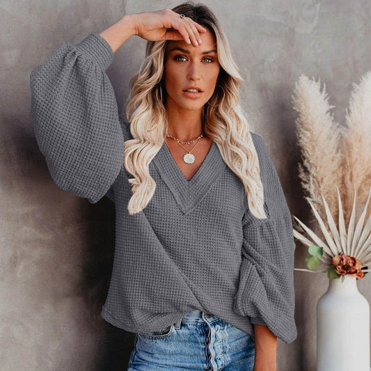 Fashion loose V-neck T-shirt Lantern Sleeve Top - MYLUXURY LANE ENTERPRISE