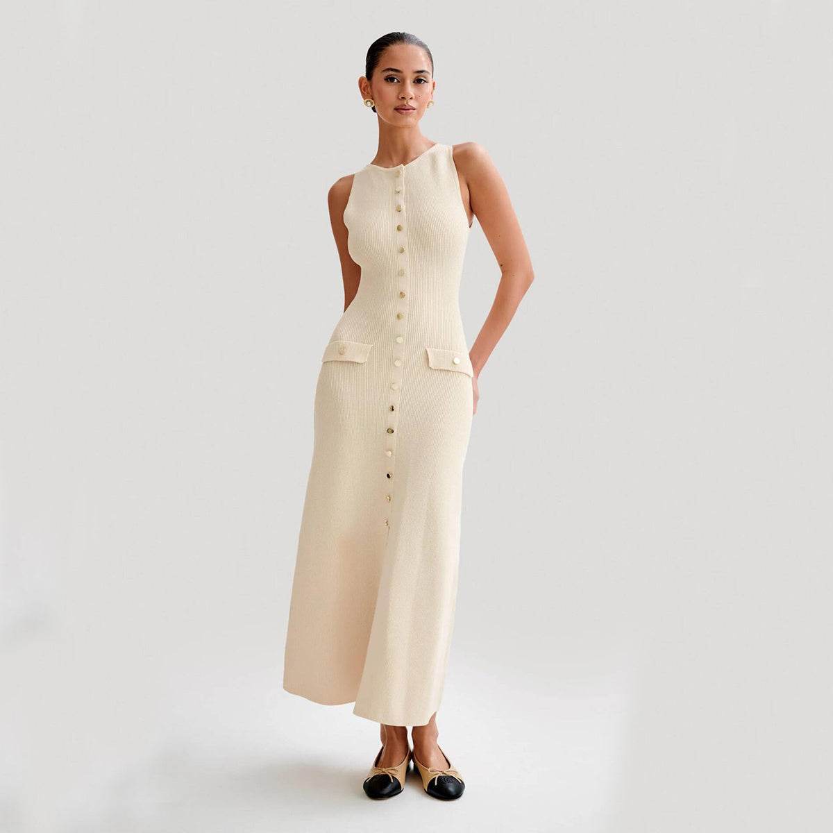 Elegant Knitted Sleeveless Dress With Single Breast Fashion Slim Round Neck Long Dresses Womens Clothing - MYLUXURY LANE ENTERPRISE
