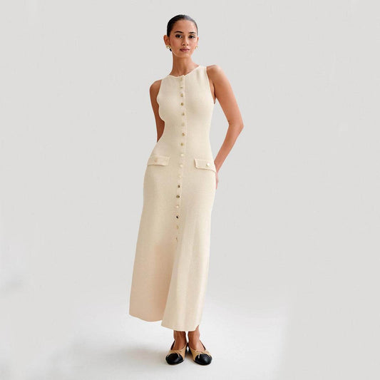 Elegant Knitted Sleeveless Dress With Single Breast Fashion Slim Round Neck Long Dresses Womens Clothing - MYLUXURY LANE ENTERPRISE