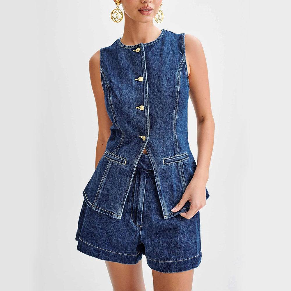 Fashion Denim Suit Summer Casual Sleeveless Button Vest Top And High Waist Shorts Set For Womens Clothing - MYLUXURY LANE ENTERPRISE