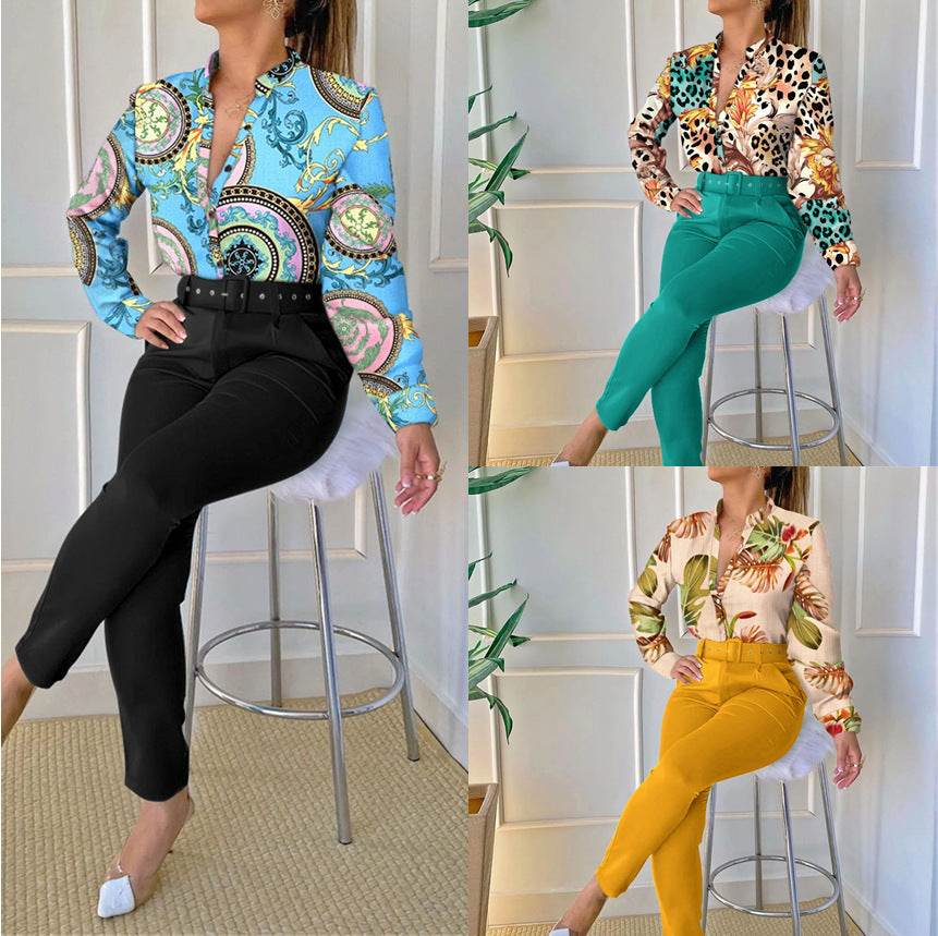 Women's Digital Printing Long-sleeved Shirt With Belt Trousers Suit - MYLUXURY LANE ENTERPRISE