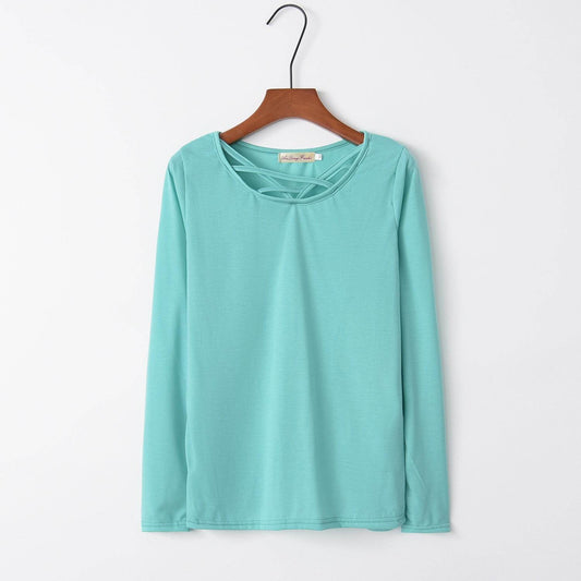 Wish Best-selling New Type Long Sleeve T-shirt Women Solid Color Cross Collar Solid Color Fall Women's Clothing - MYLUXURY LANE ENTERPRISE