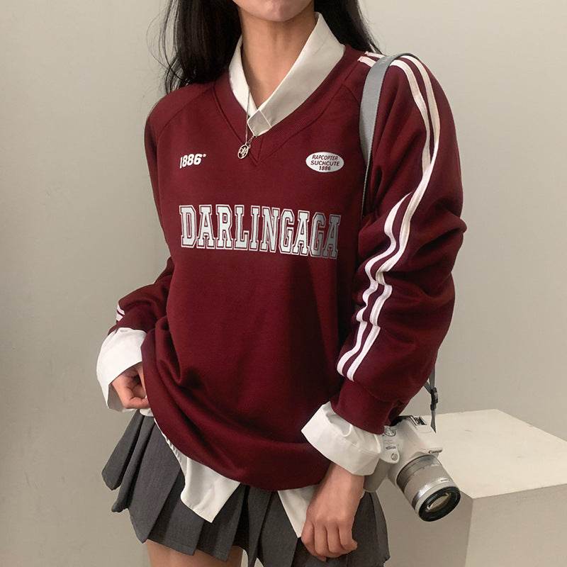 Women's Loose Casual Letter Printed Parallel Bars Contrast Color Coat - MYLUXURY LANE ENTERPRISE