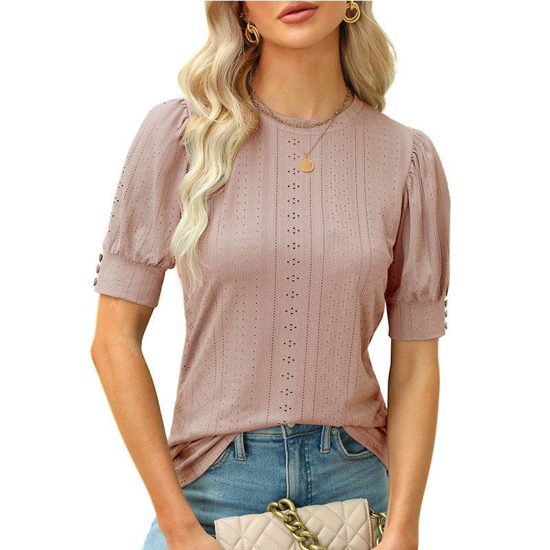 Summer Round Neck Hole Hollow-out Button Short-sleeved Casual Top - MYLUXURY LANE ENTERPRISE