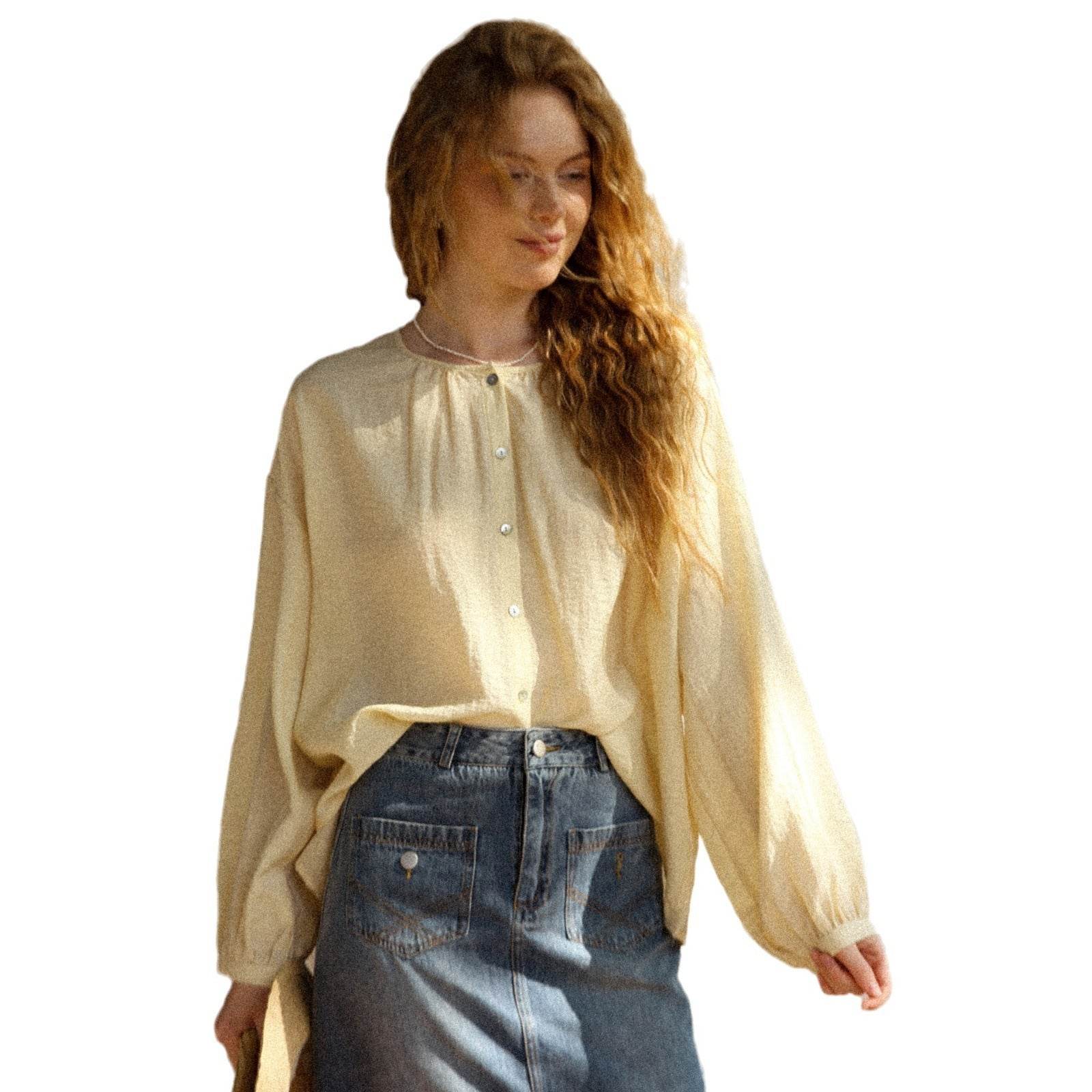 Loose Cotton Linen Long Sleeve Blouse Women's Round Neck - MYLUXURY LANE ENTERPRISE