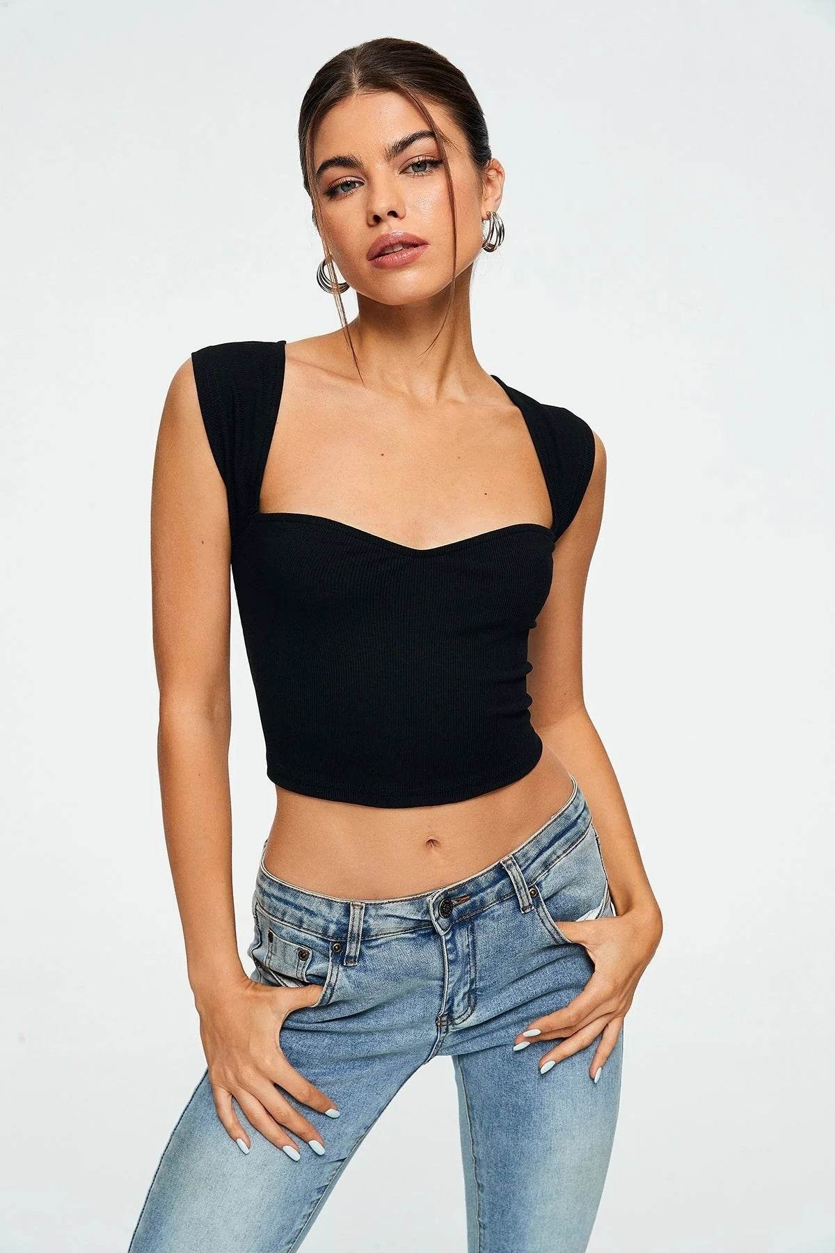 Women's Slim Fit Square Collar Ultra Short Sleeveless Vest Top - MYLUXURY LANE ENTERPRISE