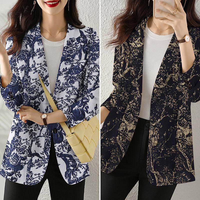 Women's Button Printed Long-sleeved Pocket Vintage Cotton And Linen Blazer - MYLUXURY LANE ENTERPRISE