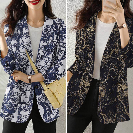 Women's Button Printed Long-sleeved Pocket Vintage Cotton And Linen Blazer - MYLUXURY LANE ENTERPRISE