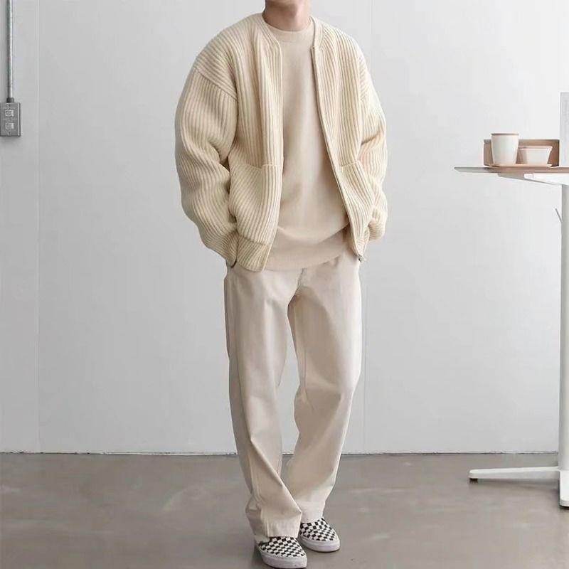 Men Zip Up Knitted Cardigan Lined Funnel Neck Jumper Sweater Pockets Coat All Seasons Comfortable Soft Long Sleeve - MYLUXURY LANE ENTERPRISE