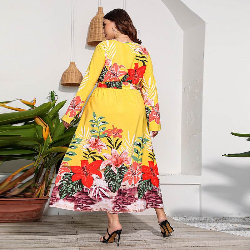 Long Sleeve Flower Wide Hem Printed Dress - MYLUXURY LANE ENTERPRISE