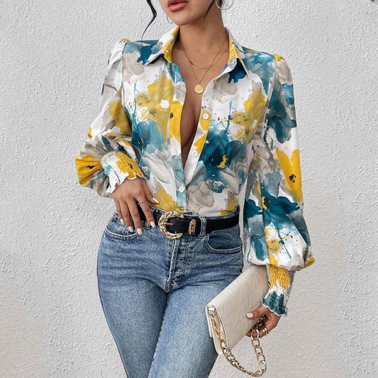European And American Lapel Print Smocking Long Sleeve Button Loose Casual Women's Shirt - MYLUXURY LANE ENTERPRISE