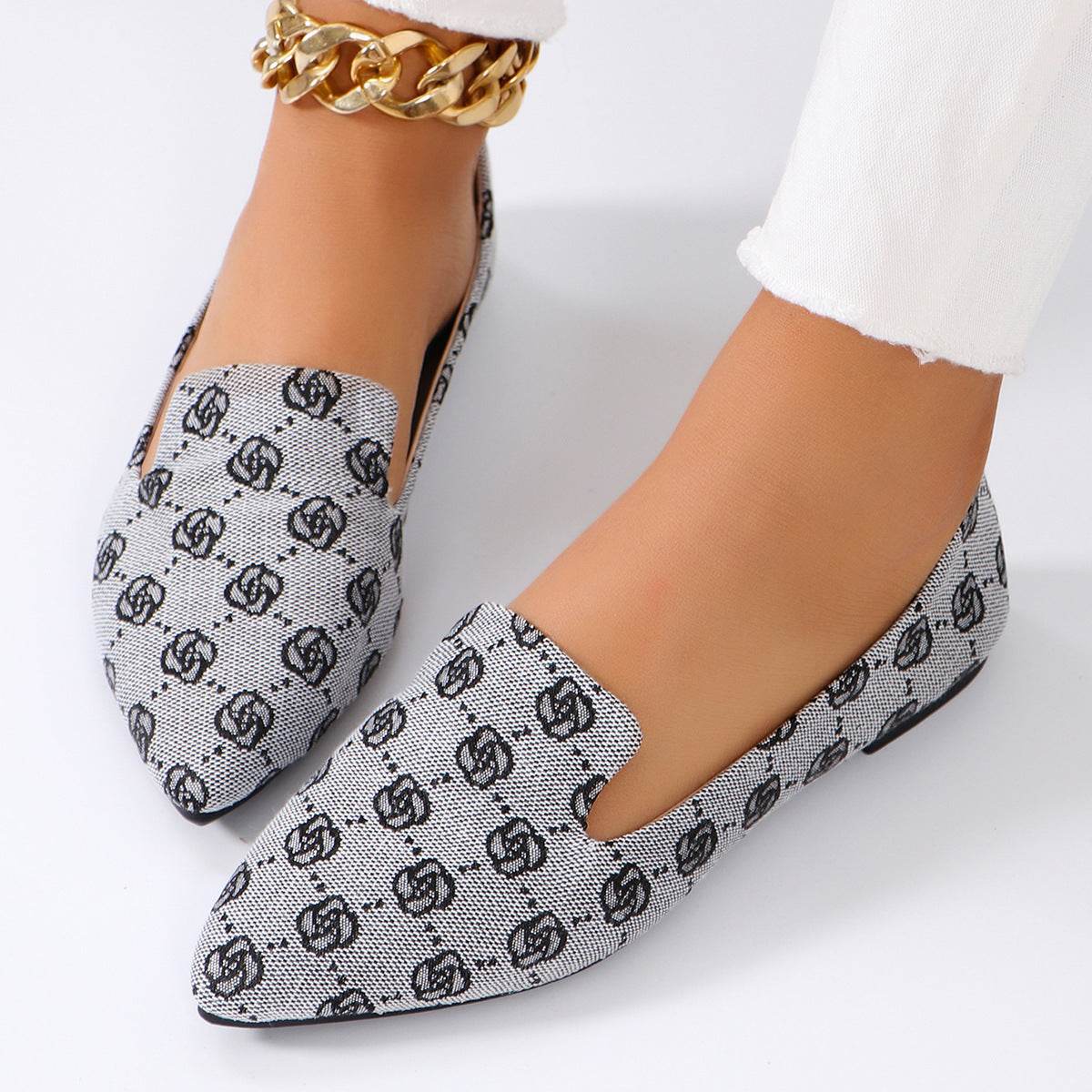 Rose Print Flats Shoes Fashion Casual Pointed Toe Canvas Loafers Lazy Shoes For Women - MYLUXURY LANE ENTERPRISE