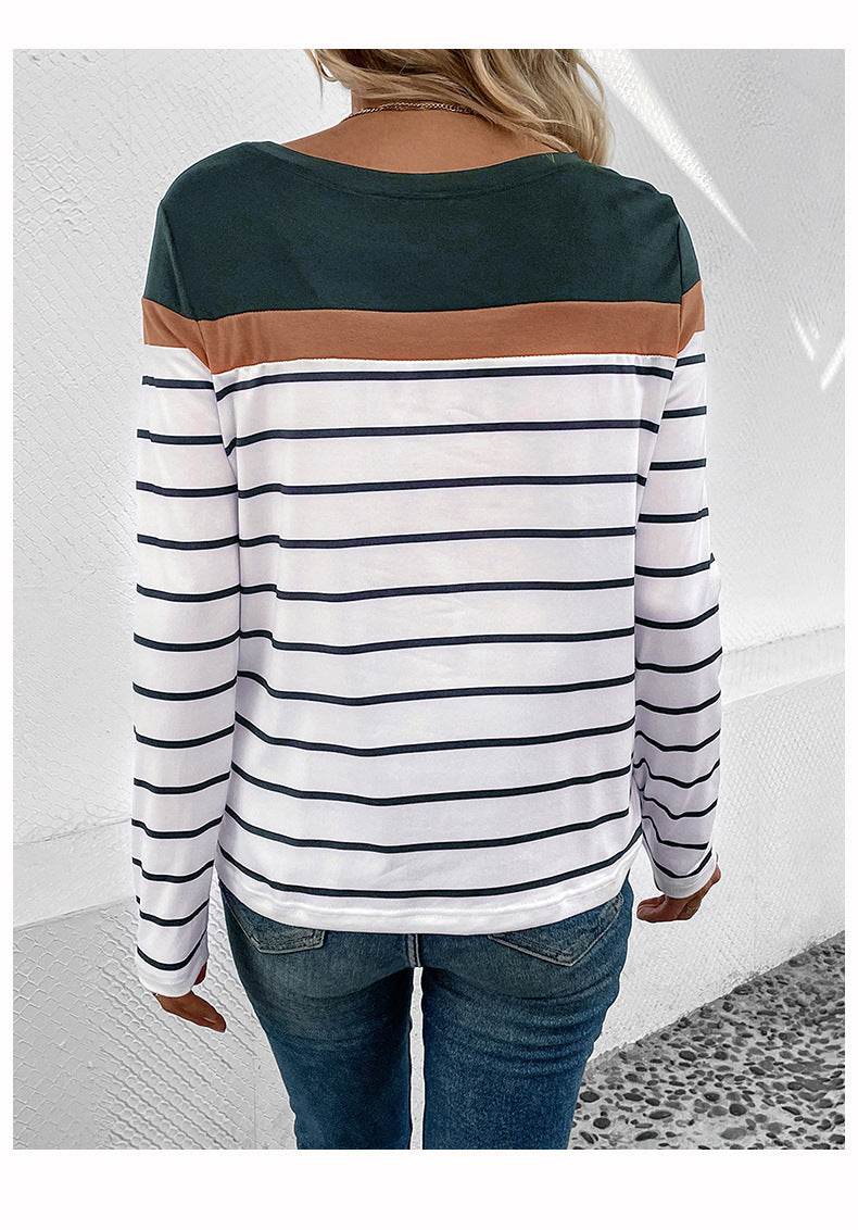 Leisure Top Pullover Patchwork Round Neck Long-sleeved Striped T-shirt - MYLUXURY LANE ENTERPRISE