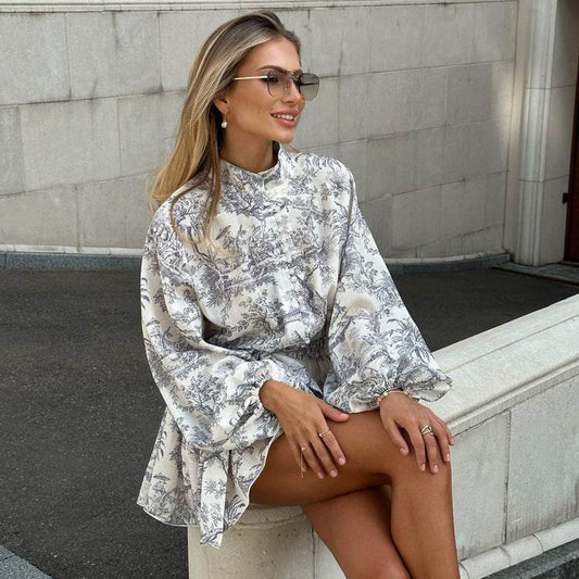 Ink Print Long Sleeve Short Dress With Fashion Puffy Sleeve Lapel Tie A-Line Dress Clothing - MYLUXURY LANE ENTERPRISE