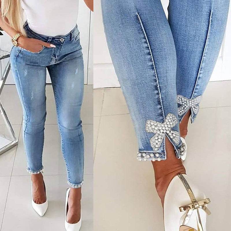 Slim Jeans Women Butterfly Sticky Flower Beaded Split Trousers - MYLUXURY LANE ENTERPRISE