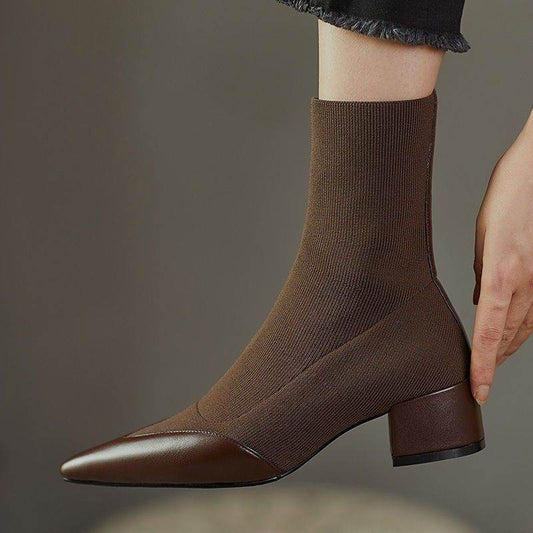 Women's Fashion Woolen Yarn Boots Pointed Chunky Heel Short Boots - MYLUXURY LANE ENTERPRISE