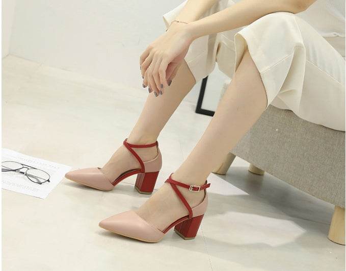 Cross Strap Pointed Colorblock Hollow Heel Heel Ladies Heels - MYLUXURY LANE ENTERPRISE