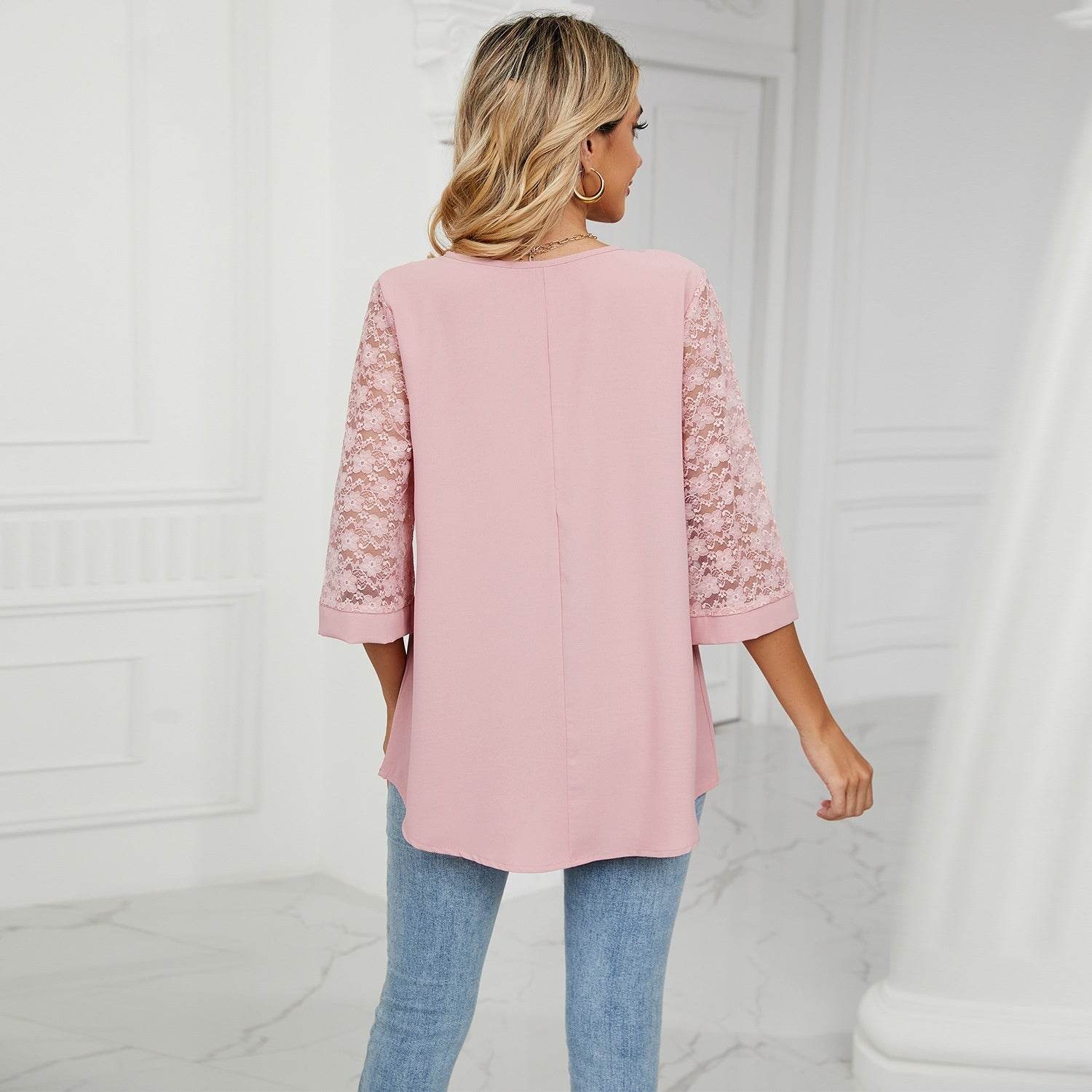 Loose V-neck Cropped Lace Bell Sleeve Patchwork Chiffon Bottoming Shirt - MYLUXURY LANE ENTERPRISE