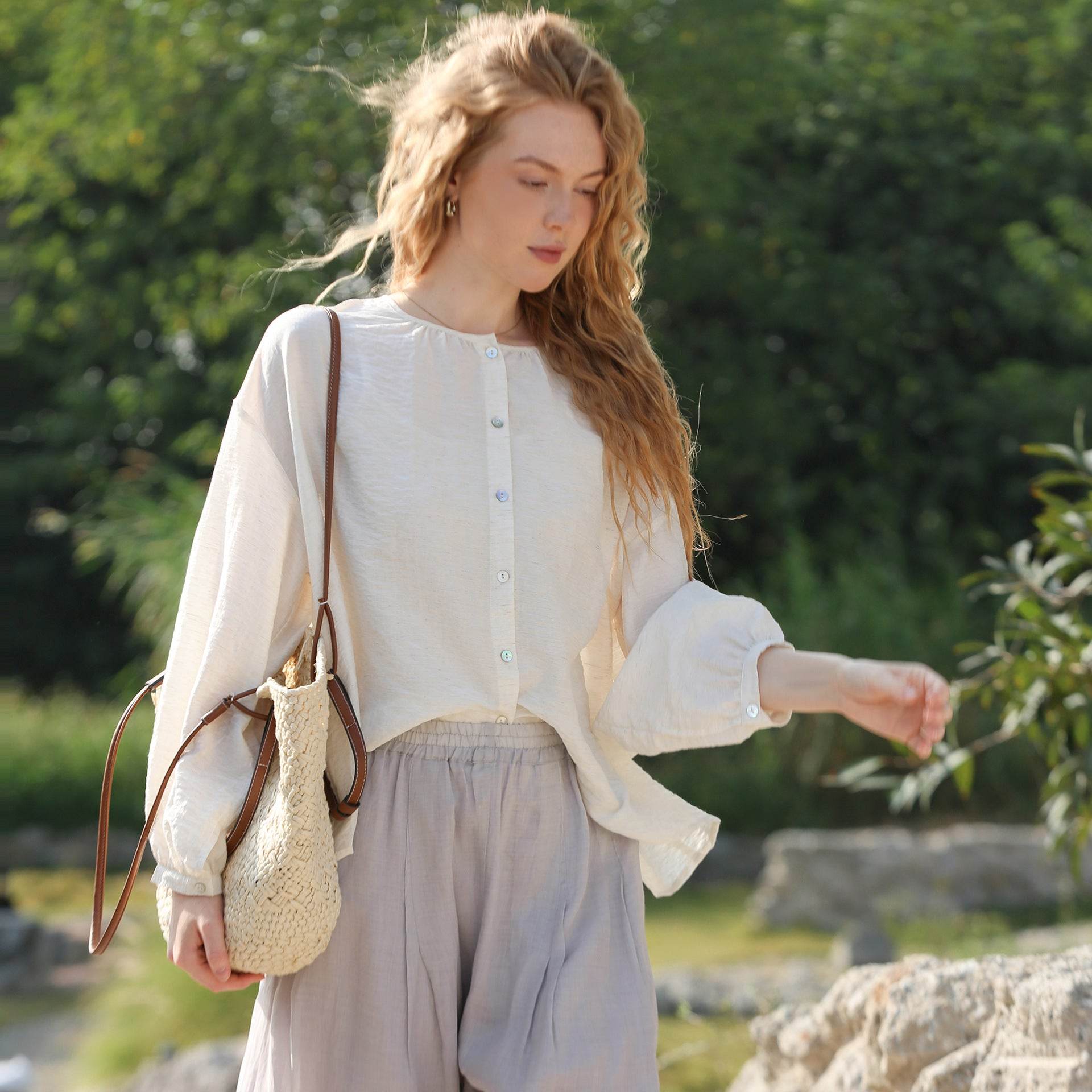 Loose Cotton Linen Long Sleeve Blouse Women's Round Neck - MYLUXURY LANE ENTERPRISE