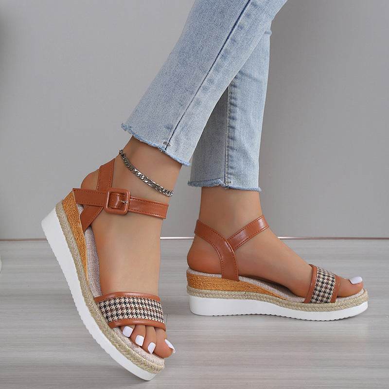 Houndstooth Print Sandals Women Summer Buckle Dress Shoes - MYLUXURY LANE ENTERPRISE