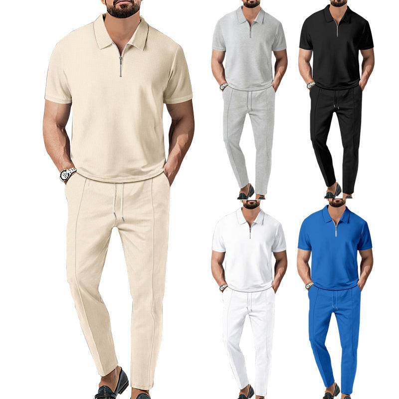 Lapel Short Sleeve Zipper Trousers Suit - MYLUXURY LANE ENTERPRISE