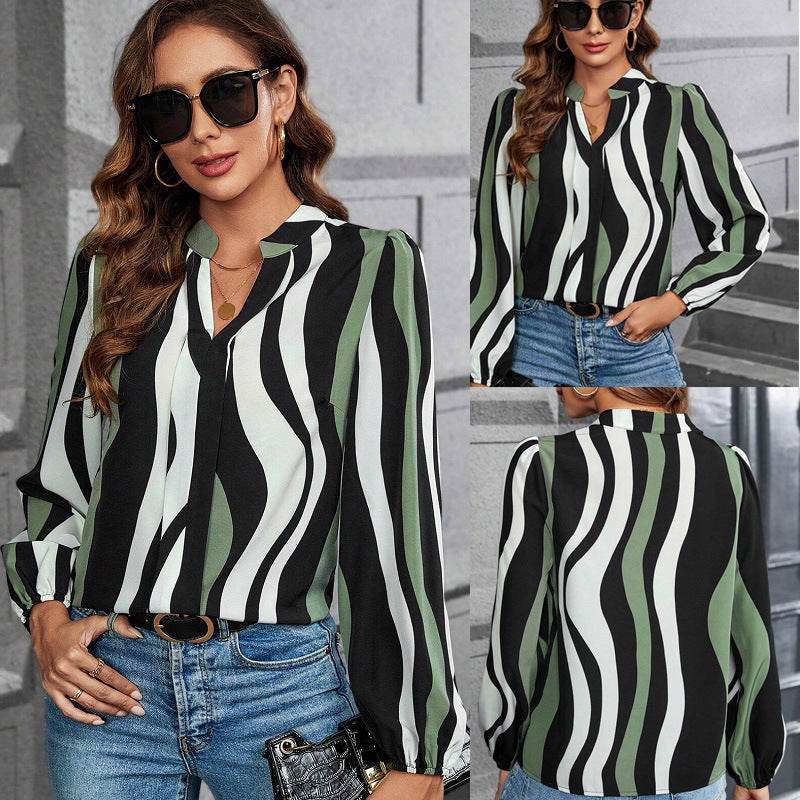 European And American V-neck Color-block Long-sleeved Casual Women's Top - MYLUXURY LANE ENTERPRISE