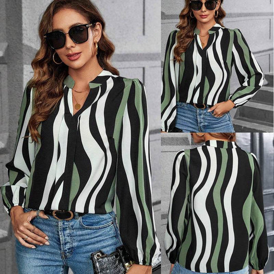 European And American V-neck Color-block Long-sleeved Casual Women's Top - MYLUXURY LANE ENTERPRISE