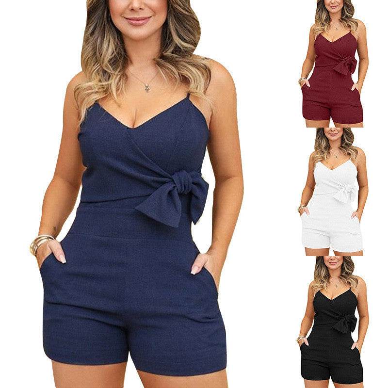 Low-cut Tie Solid Color Jumpsuit - MYLUXURY LANE ENTERPRISE