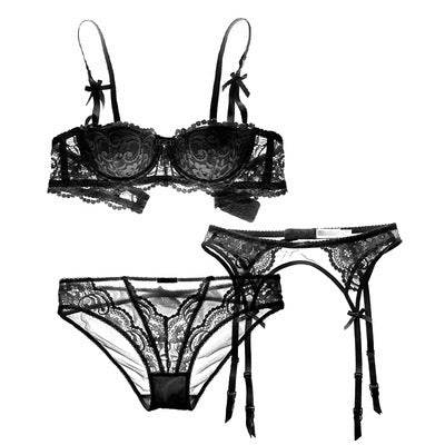 9177 Three-piece Set Sexy Lace Lingerie Push Up Bra Half Cup Garter Bra Set - MYLUXURY LANE ENTERPRISE