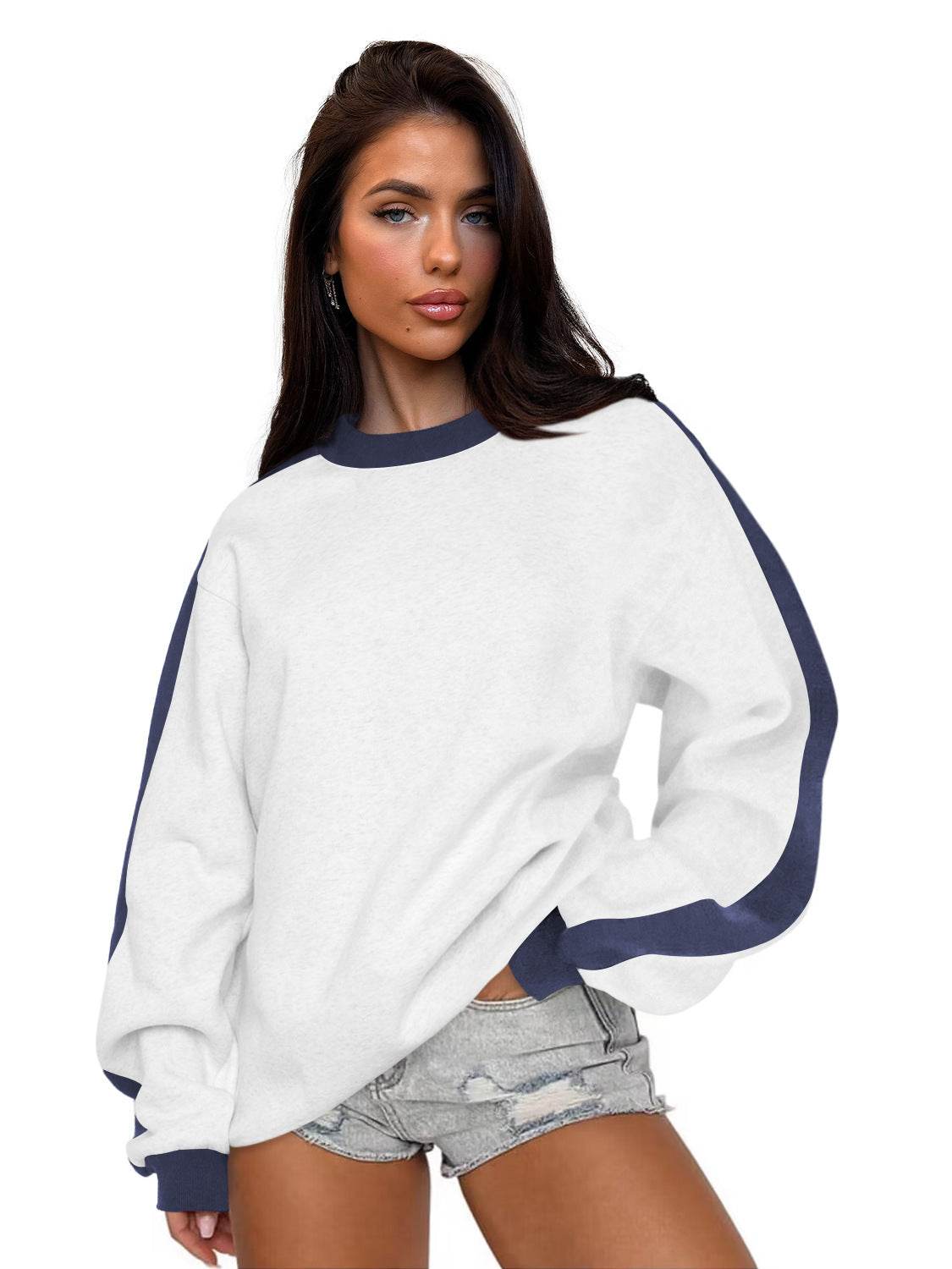 Women's Contrast Color Round Neck Loose Sweater Long-sleeved Top - MYLUXURY LANE ENTERPRISE