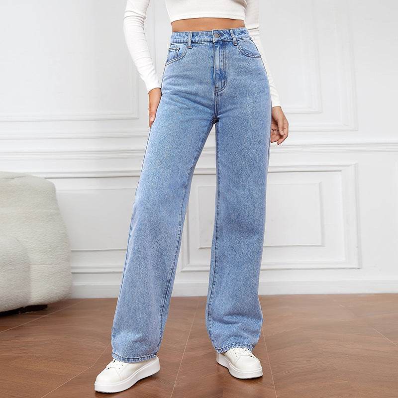 High Waist Straight-leg Denim Trousers Women's Washed Light Color - MYLUXURY LANE ENTERPRISE