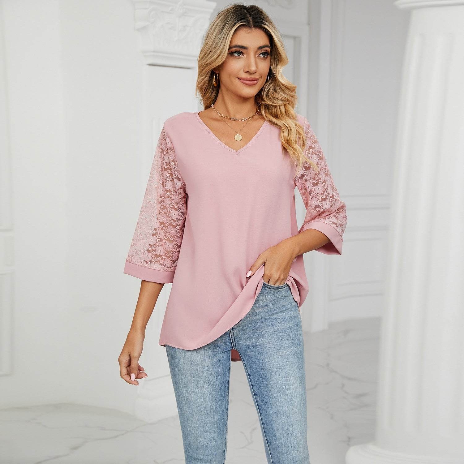 Loose V-neck Cropped Lace Bell Sleeve Patchwork Chiffon Bottoming Shirt - MYLUXURY LANE ENTERPRISE