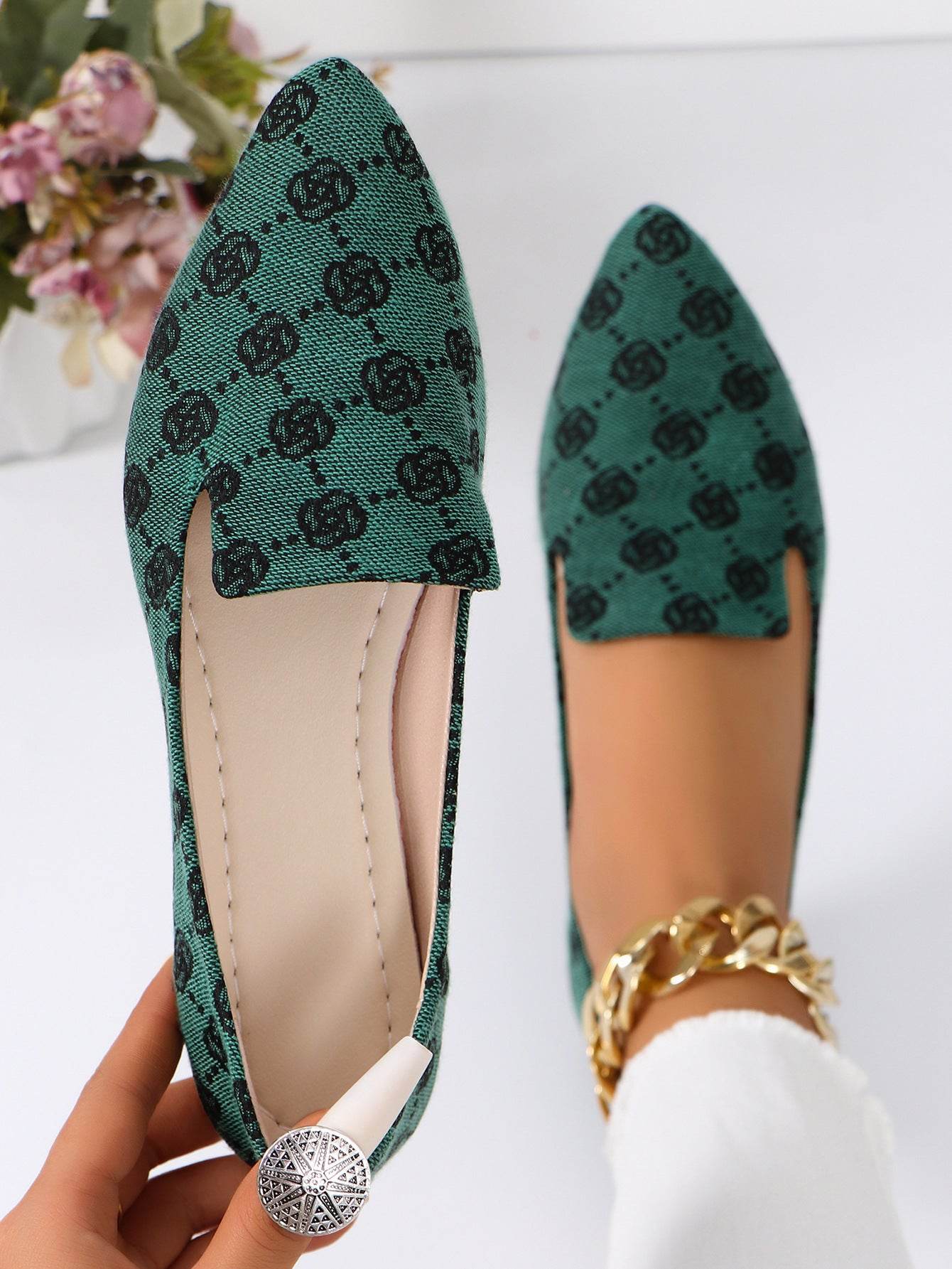 Rose Print Flats Shoes Fashion Casual Pointed Toe Canvas Loafers Lazy Shoes For Women - MYLUXURY LANE ENTERPRISE