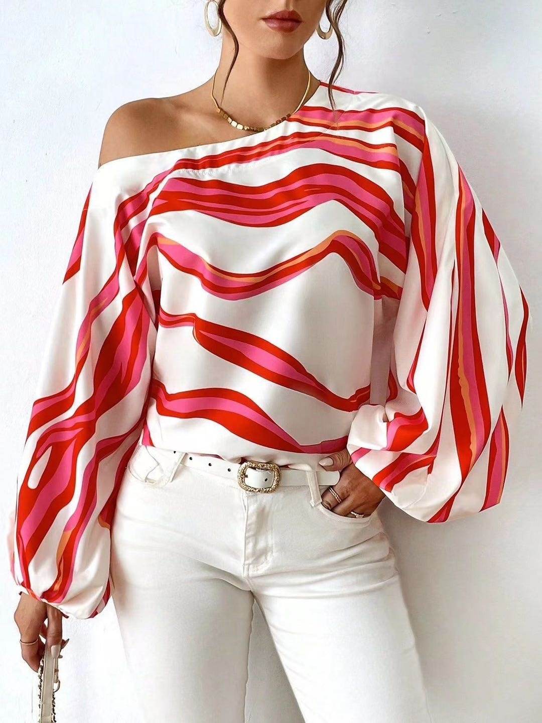Off-neck Printed Loose-fitting Women's Shirt - MYLUXURY LANE ENTERPRISE