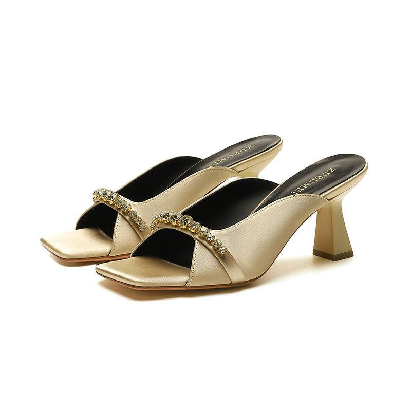 French Retro Women's Shoes Square Toe Open Toe High Heels Rhinestone - MYLUXURY LANE ENTERPRISE