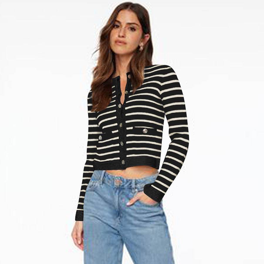 Comfort And Casual Long Sleeve Striped Button Top - MYLUXURY LANE ENTERPRISE
