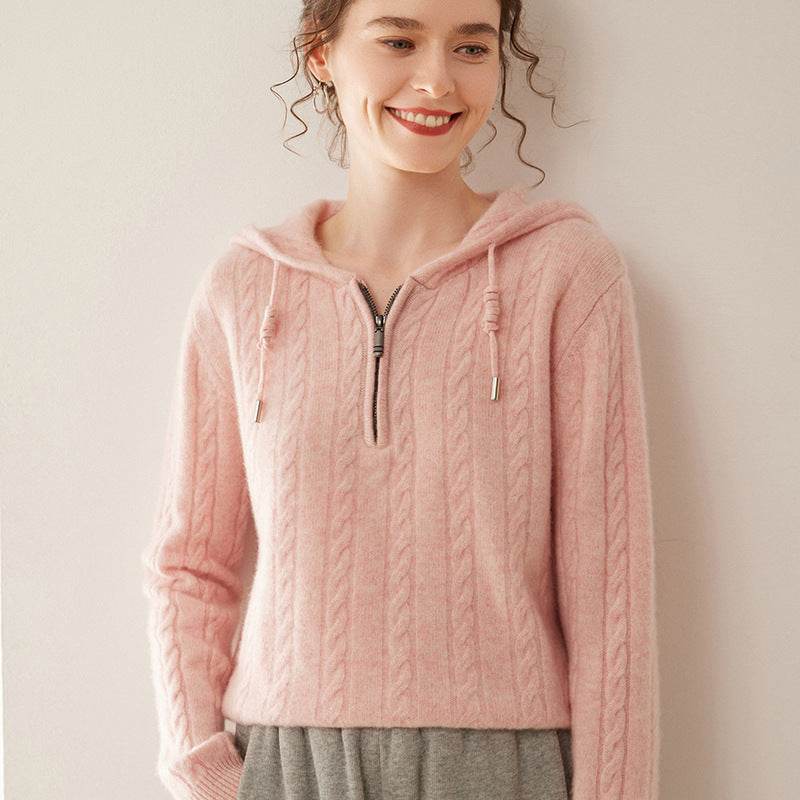 Cashmere Sweater Women's Hooded Twist Half-open Collar Sweater - MYLUXURY LANE ENTERPRISE