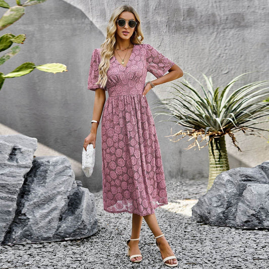 Fashion V-neck Lace Dress Summer Elegant Short Sleeve Long Dresses For Women - MYLUXURY LANE ENTERPRISE