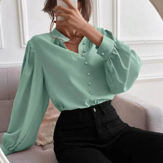Commute Style Solid Color Round Neck Long Sleeve Single-breasted Women's Shirt - MYLUXURY LANE ENTERPRISE
