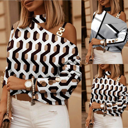 Long Sleeved Chain Neckline Printed Button Decoration Top - MYLUXURY LANE ENTERPRISE