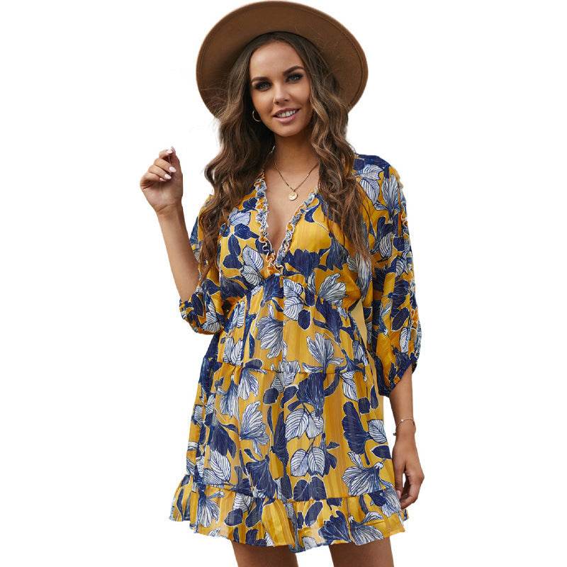 Floral Printed V-neck Female Butterfly Sleeve Chiffon Dress - MYLUXURY LANE ENTERPRISE