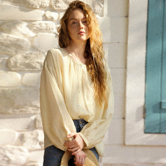 Loose Cotton Linen Long Sleeve Blouse Women's Round Neck - MYLUXURY LANE ENTERPRISE