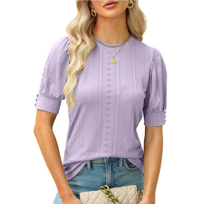 Summer Round Neck Hole Hollow-out Button Short-sleeved Casual Top - MYLUXURY LANE ENTERPRISE
