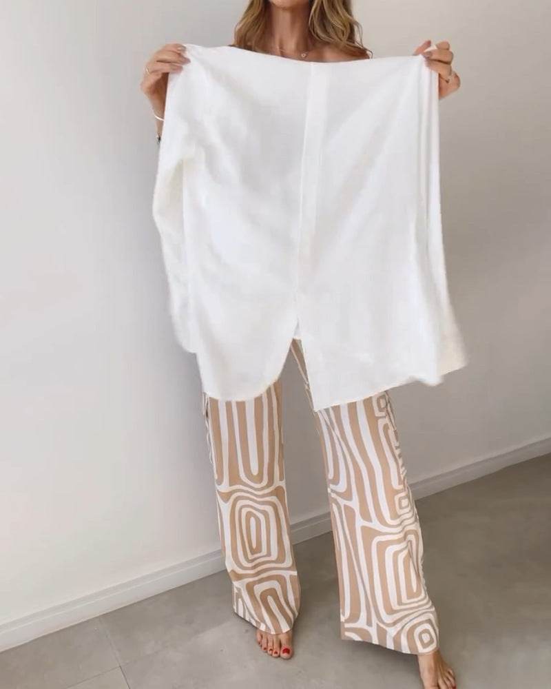 Women's Casual Long-sleeved Lapel Shirt Printed Wide-leg Pants Suit - MYLUXURY LANE ENTERPRISE